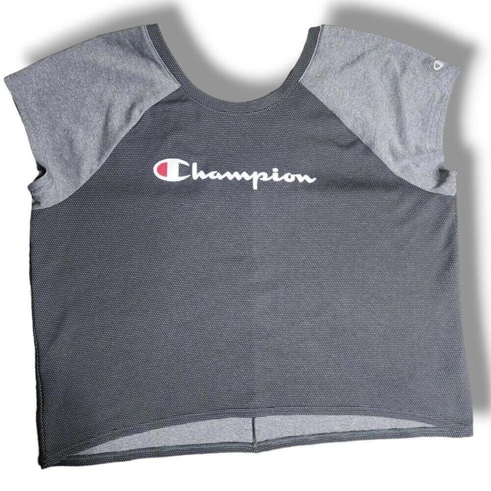 Champion Crop Top Women’s Medium Cross Cross Back Spellout Boxy Cap Sleeve Shirt